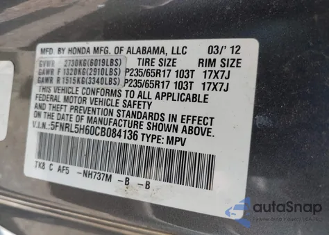 2012 Honda Odyssey Ex-L z USA, uszkodzony, nr VIN 5FNRL5H60CB084136